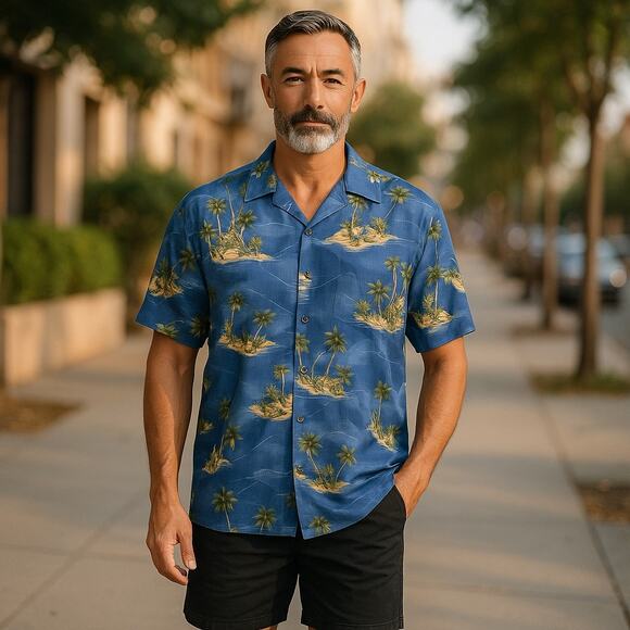 Island Shores Mens Shirt Size XXL Blue Palm Tree Print Ukulele Hawaiian Rayon - Picture 1 of 8